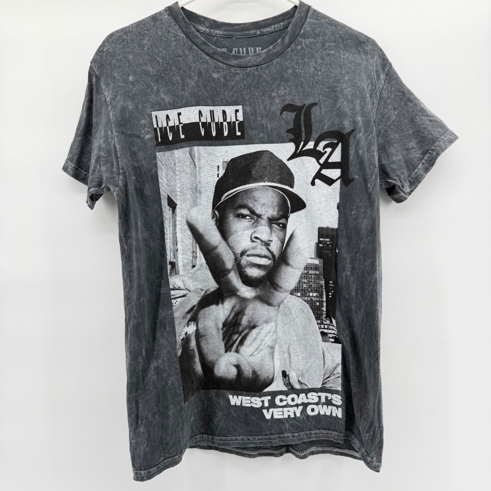 Ice Cube Graphic T-Shirt Mens Medium Gray Acid Wash West Coast Rap Tee